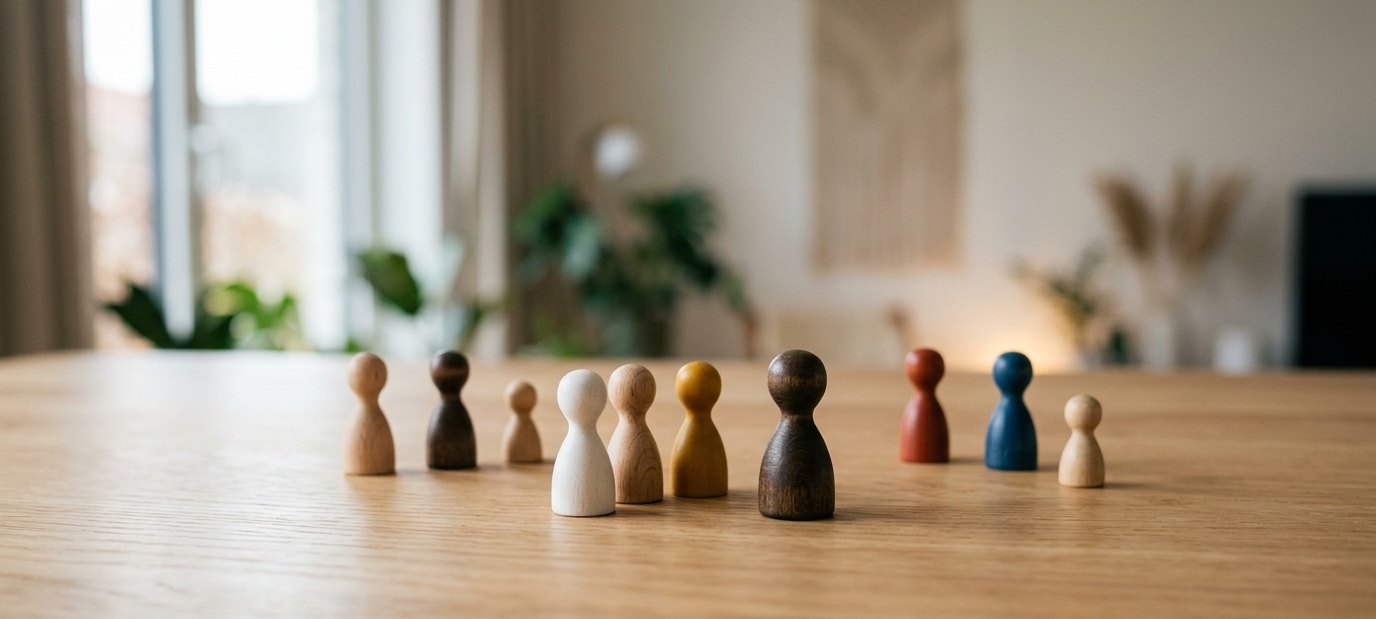 Tafelopstelling met houten figuurtjes van bovenaf gezien
