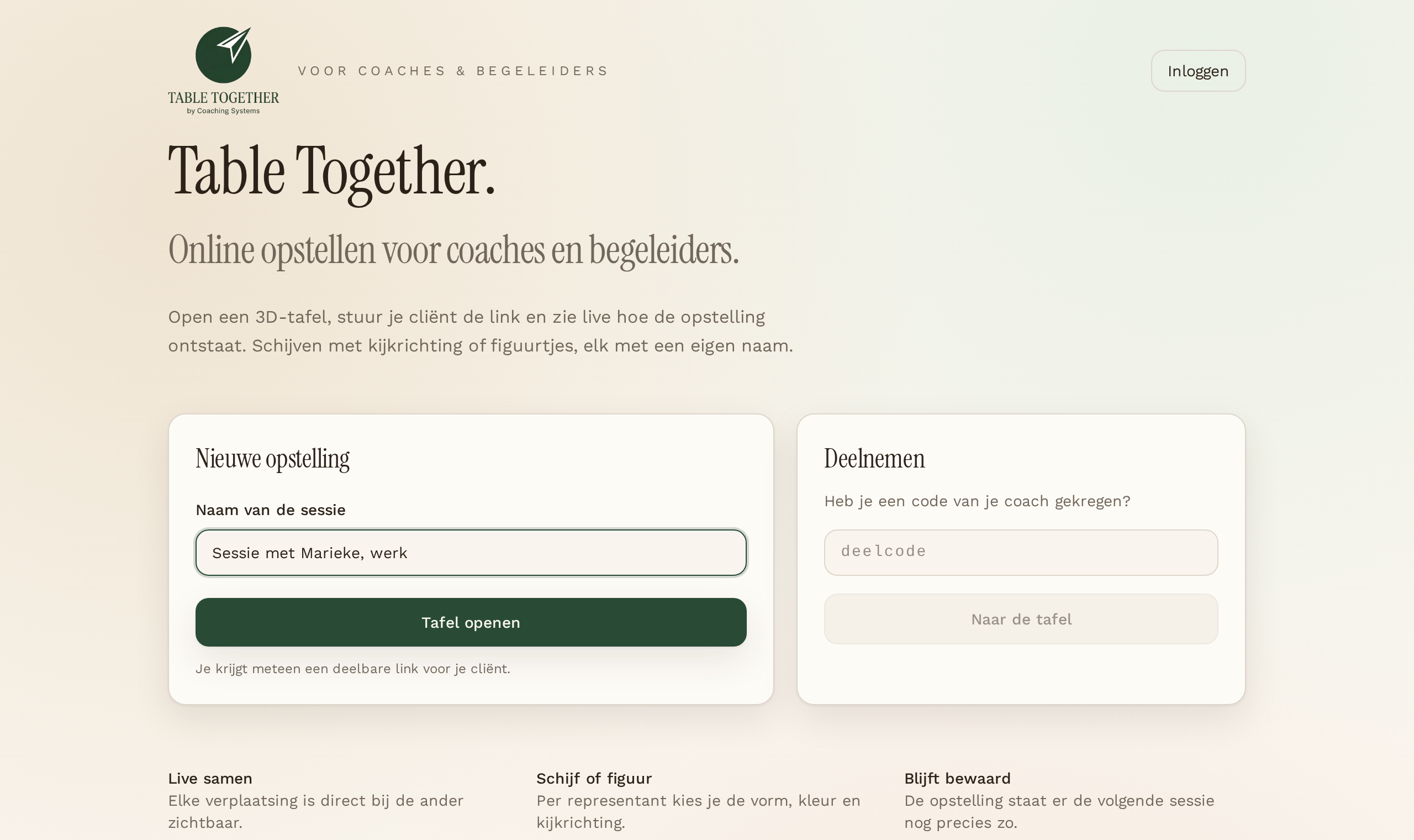 Scherm waarin een coach een nieuwe sessie start en een deelbare link krijgt